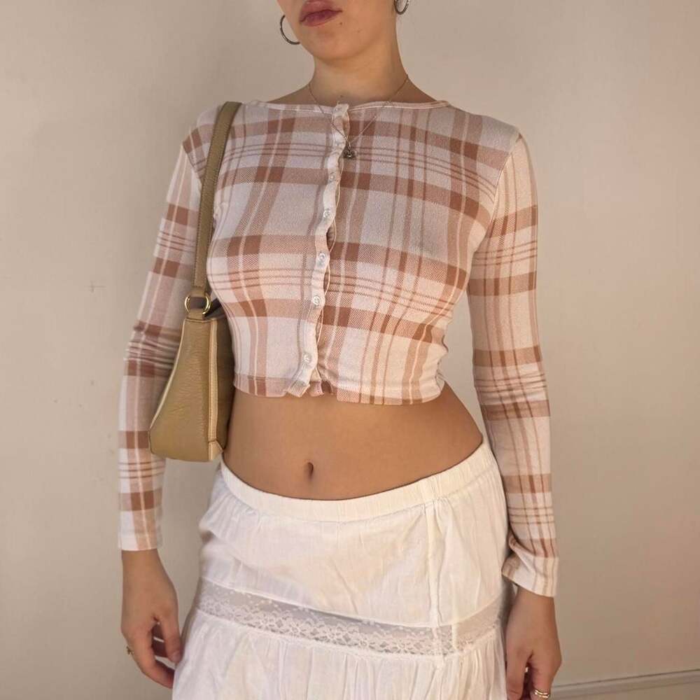 Soft Plaid Cropped Cardigan Button Down Top - Y2K Style - Size XS